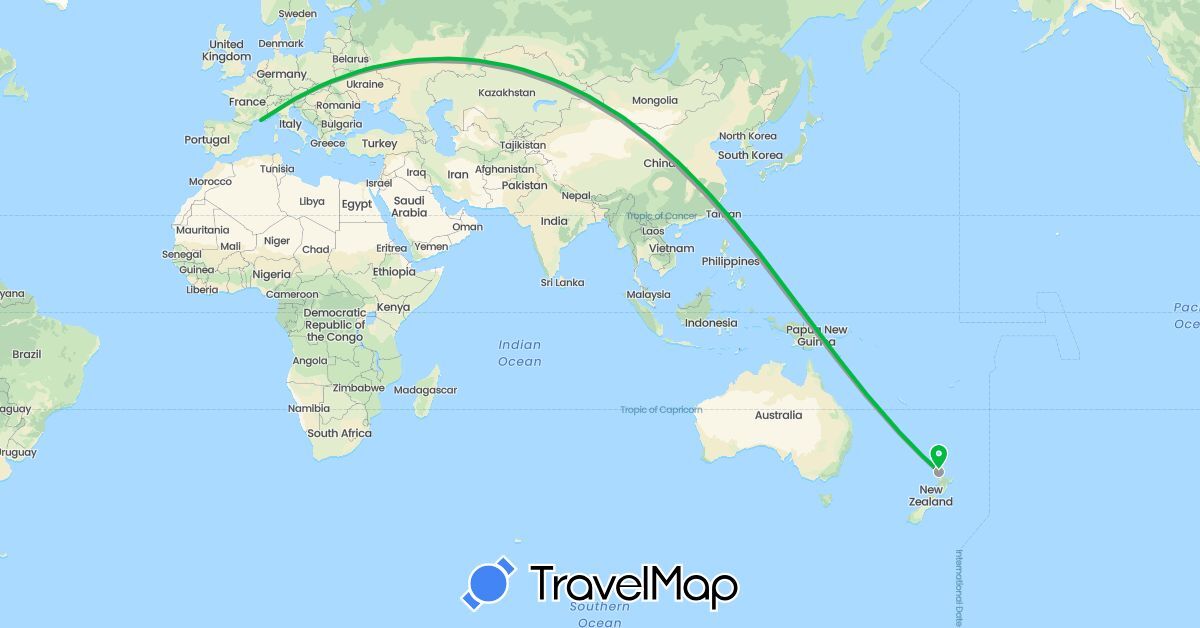 TravelMap itinerary: bus, plane in France, New Zealand (Europe, Oceania)